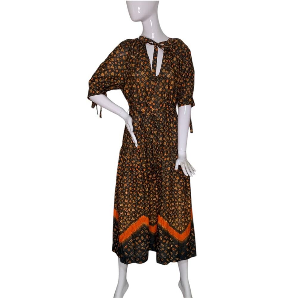 o.p.t. NWT Aksoy Tiered Dress Short Sleeve V-Neck Tie Waist Black Orange Size M